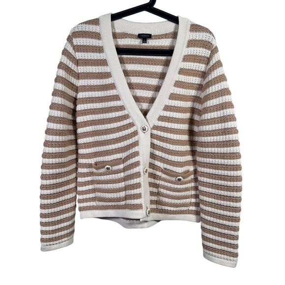 Talbots Kate Striped Button-Front Cardigan Sweater L Beige & White Wool Blend - Picture 1 of 7